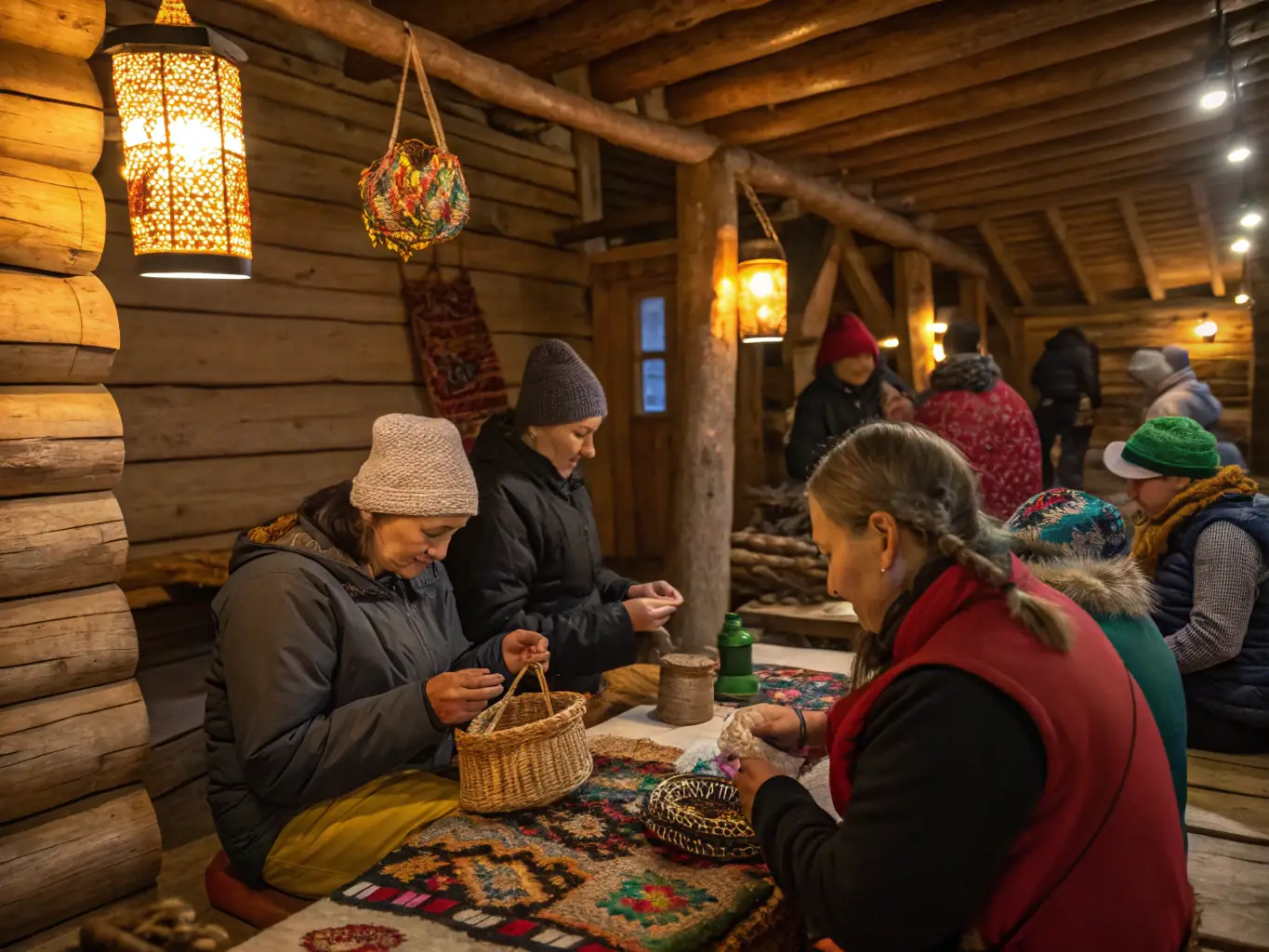 A captivating image showcasing a cultural workshop where participants are learning traditional crafts and skills, fostering intergenerational knowledge transfer.