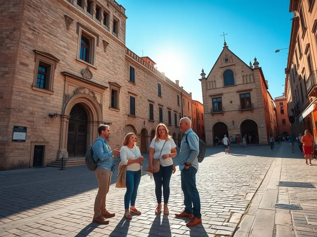 A vibrant photograph capturing a guided tour of Saint-Saturnin's historical landmarks, with participants actively listening to the guide and engaging with the local history.