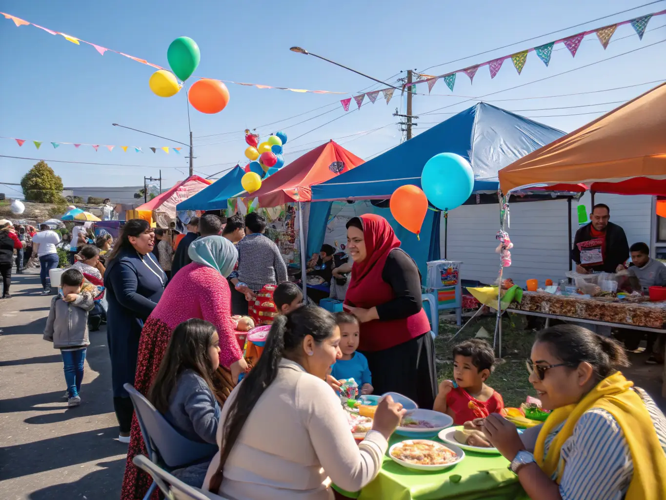 A dynamic photo of a community event organized by PARTAGEONS NOTRE LIMON, featuring local residents enjoying music, food, and cultural performances.